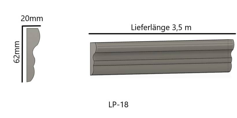 Gipsstuck Profil flaches Decken Zierstuck Leisten LP-18 62x20mm 350cm