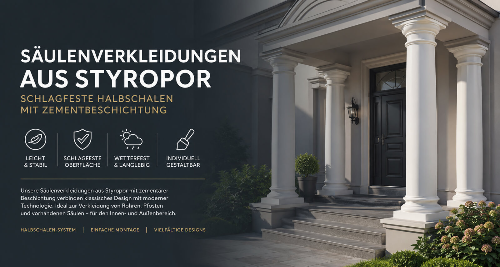 Nobles Startbild mit weißem Säulenportal und Text zu Säulenverkleidungen aus Styropor